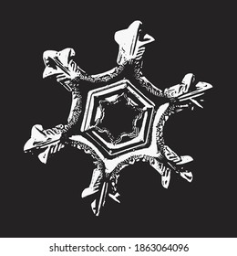 Snowflake isolated on black background. Vector illustration based on macro photo of real snow crystal: elegant star plate with hexagonal symmetry, short, flat arms and complex 3d structure.