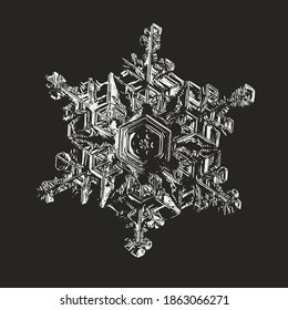 Snowflake isolated on black background. Vector illustration based on macro photo of real snow crystal: elegant star plate with thin, flat arms, glossy 3d surface and complex inner details.