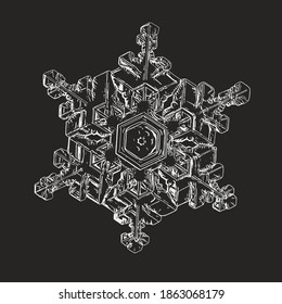 Schneeflocke einzeln auf schwarzem Hintergrund. Vektorgrafik auf der Grundlage eines Makrofotos aus echtem Schneekristall: elegante Sternplatte mit sechseckiger Symmetrie, kurzen, breiten Armen und transparenter Oberfläche.