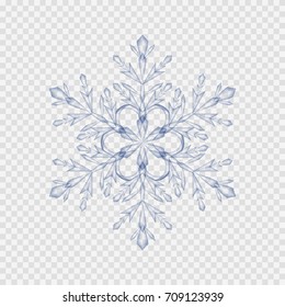 Snowflake isolated on transparent background. Christmas translucent blue glass crystal snowflake. Vector xmas or New Year ice winter freeze snow flake silhouette for your design.
