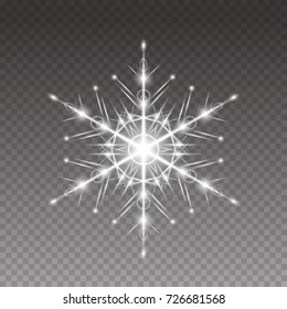Snowflake isolated on transparent background. Christmas glow light crystal snowflake. Vector xmas or New Year ice winter freeze snow flake silhouette for your design.