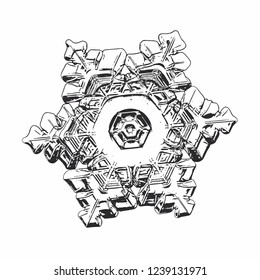 Snowflake isolated on white background. Vector illustration based on macro photo of real snow crystal: elegant star plate with fine hexagonal symmetry, short, broad arms and glossy relief surface.
