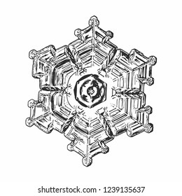 Snowflake isolated on white background. Vector illustration based on macro photo of real snow crystal: elegant star plate with short, broad arms, glossy relief surface and complex inner details.
