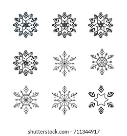 Snowflake isolated set. Modern stylish abstract texture. Symbol of Christmas holiday season. Monochrome template for prints, textiles, wallpaper. Design graphic element. Flat vector illustration