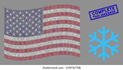 Snowflake items are grouped into United States flag abstraction with blue rectangle grunge stamp seal of Complete Thai Massage phrase.
