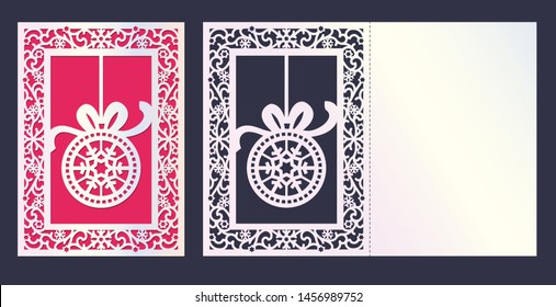 Snowflake laser cutting card in line art style. Wedding invitation envelope with Christmas ball. New year decoration. Winter holiday border pattern. Vector snowflake die cut template.