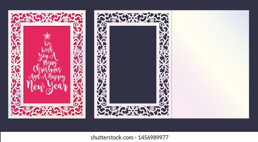 Tarjeta de corte láser de copos de nieve en estilo de arte lineal. Sobre de invitación de boda. Decoración de año nuevo. Patrón de frontera navideña. Plantilla de corte de copos de nieve vectorial.