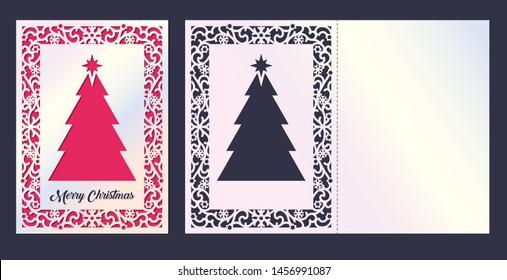 Snowflake laser cutting fold card in line art style. Wedding invitation envelope with Christmas tree. New year decoration. Winter holiday border pattern. Vector snowflake die cut template.