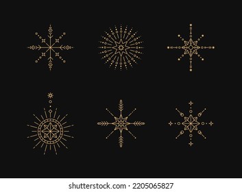 Snowflake line art. Abstract minimal boho linear symbols. Celestial mystic element. Vector line art illustration.