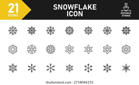 Conjunto de iconos de línea de copo de nieve. Conjunto de 21 iconos de contorno relacionados con el invierno, la nieve, escamas, copos de nieve, cristal de hielo, nevadas y otros. Trazo editable. Ilustración vectorial.