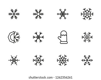 Snowflake line icon set. Set of line icons on white background. Snowflake, frosted pattern, mitten. Vector illustration can be used for topics like winter, december, cold season