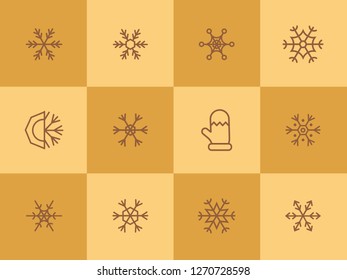 Snowflake line icon set. Set of line icons on white background. Snowflake, frosted pattern, mitten. Vector illustration can be used for topics like winter, december, cold season