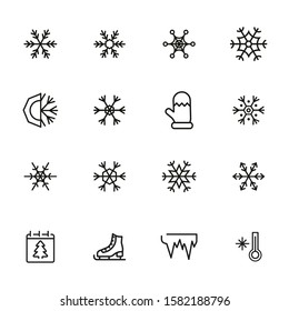Snowflake line icon set. Set of line icons on white background. Snowflake, frosted pattern, mitten. Vector illustration can be used for topics like winter, december, cold season