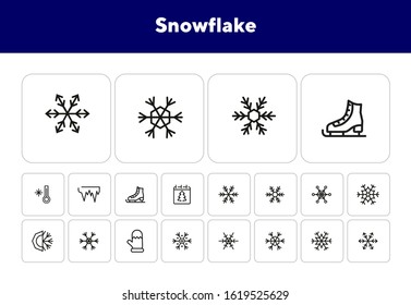 Snowflake line icon set. Set of line icons on white background. Snowflake, frosted pattern, mitten. Vector illustration can be used for topics like winter, december, cold season