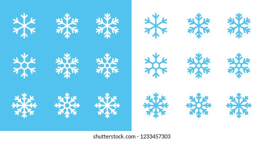 snowflake line icons set on blue and white background