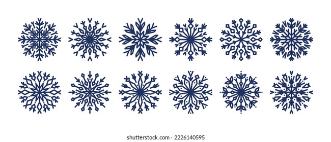 Snowflake line icons set, winter vector illustration.Collection line art snowflakes, crystal ornament. Design element for new year, christmas cards.  Outline snow flakes for winter design, decor.