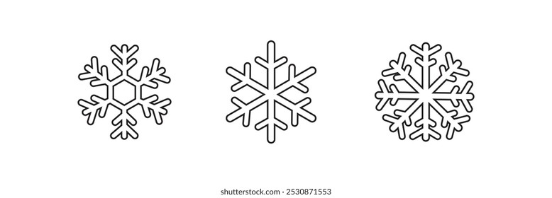 Snowflake line icons set, winter vector illustration. Outline snow flakes for winter design, decor. Collection line art snowflakes, crystal ornament. Design element for new year, christmas cards.