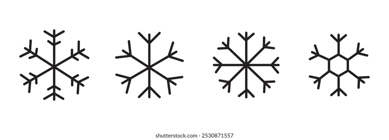 Conjunto de iconos de línea de copo de nieve, Ilustración vectorial de invierno. Esquema de copos de nieve para el diseño de invierno, decoración. Copos de nieve del arte de la línea de la colección, ornamento cristalino. Elemento de diseño para año nuevo, tarjetas de Navidad.