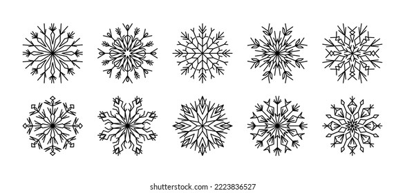 Snowflake line icons winter vector illustration. Design element for new year, christmas cards. Set outline snow flakes for winter design. Collection line art snowflakes isolated on white background. 