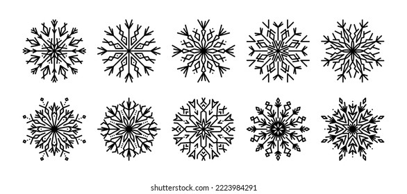 Snowflake line icons winter vector illustration. Set outline snow flakes for winter design. Collection line art snowflakes isolated on white background. Design element for new year, christmas cards.