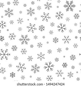 Snowflake line seamless pattern. Layered winter season ornate star background. Linear snow flakes repeat ornament for paper wrap, fabric print, wallpaper decor. Frosty ice outline vector illustration