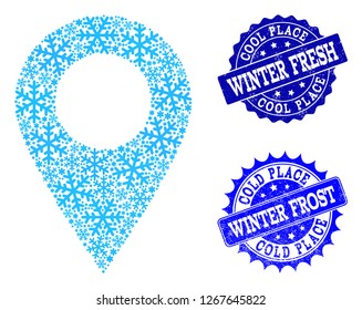Snowflake local place and distress stamp seals in blue colors with Winter Fresh and Winter Frost texts. Mosaic local place is designed with ice elements.