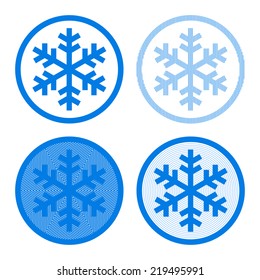 Snowflake logo four ways in blue and white, vector illustration