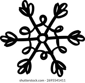 Un copo de nieve con ramas en bucle en un estilo dibujado a mano. La ilustración presenta puntas en forma de corazón y líneas de remolino. Ilustración vectorial de dibujos animados.