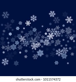 Snowflake macro vector illustration, snow flakes confetti chaotic scatter card in blue and white. Winter xmas snow background. Flakes falling and flying winter vector background.