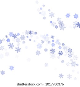 Snowflake macro vector illustration, snow flakes confetti chaotic scatter card in blue and white. Winter xmas snow background. Flakes falling and flying winter vector background.