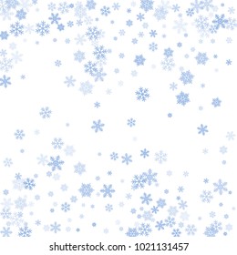 Snowflake macro vector illustration, snow flakes confetti chaotic scatter card in blue and white. Winter xmas snow background. Flakes falling and flying winter vector background.