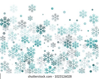 Snowflake macro vector illustration, snow flakes confetti chaotic scatter card in blue and white. Winter xmas snow background. Flakes confetti falling and flying winter vector background.