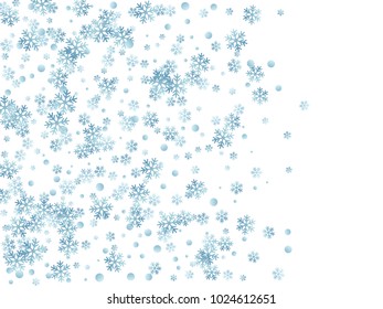 Snowflake macro vector illustration, snow flakes confetti chaotic scatter card in blue and white. Winter xmas snow background. Flakes falling and flying winter tale vector background.