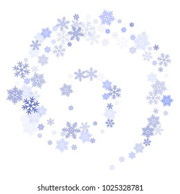 Snowflake macro vector illustration, snow flakes confetti chaotic scatter card in blue and white. Winter xmas snow background. Flakes falling and flying winter vector background.