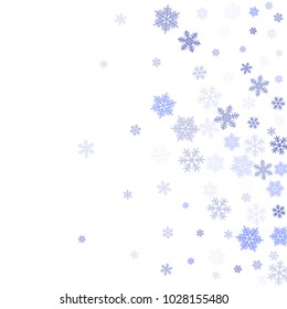 Snowflake macro vector illustration, snow flakes confetti chaotic scatter card in blue and white. Winter xmas snow background. Flakes falling and flying winter vector background.