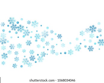 Snowflake macro vector illustration, snow flakes confetti chaotic scatter card in blue and white. Winter xmas snow background. Windy flakes falling and flying winter tale vector background.