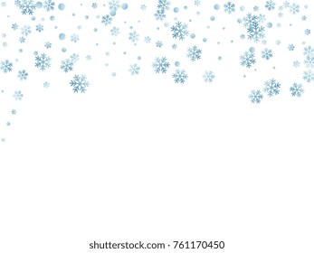 Snowflake macro vector illustration, snow flakes confetti chaotic scatter card in blue and white. Winter xmas snow background. Flakes falling and flying winter tale vector background.