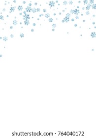 Snowflake macro vector illustration, snow flakes confetti chaotic scatter card in blue and white. Winter xmas snow background. Flakes falling and flying winter tale vector background.