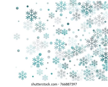 Snowflake macro vector illustration, snow flakes confetti chaotic scatter card in blue and white. Winter xmas snow background. Flakes confetti falling and flying winter vector background.