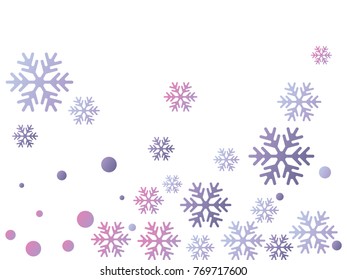 Snowflake macro vector illustration, snow flakes confetti chaotic scatter card in blue and white. Winter xmas snow background. Flakes falling and flying winter tale vector background.