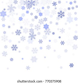Snowflake macro vector illustration, snow flakes confetti chaotic scatter card in blue and white. Winter xmas snow background. Flakes falling and flying winter vector background.