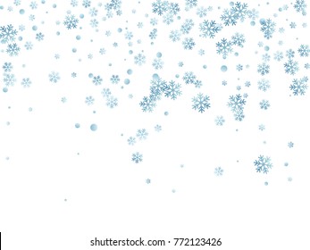 Snowflake macro vector illustration, snow flakes confetti chaotic scatter card in blue and white. Winter xmas snow background. Flakes falling and flying winter tale vector background.