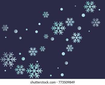 Snowflake macro vector illustration, snow flakes confetti chaotic scatter card in blue and white. Winter xmas snow background. Flakes falling and flying winter vector background.