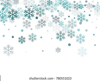 Snowflake macro vector illustration, snow flakes confetti chaotic scatter card in blue and white. Winter xmas snow background. Flakes confetti falling and flying winter vector background.