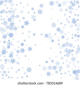 Snowflake macro vector illustration, snow flakes confetti chaotic scatter card in blue and white. Winter xmas snow background. Flakes falling and flying winter vector background.