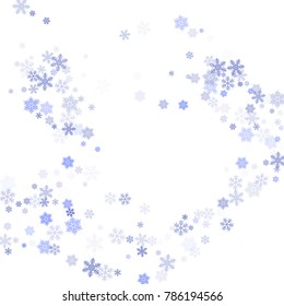 Snowflake macro vector illustration, snow flakes confetti chaotic scatter card in blue and white. Winter xmas snow background. Flakes falling and flying winter vector background.