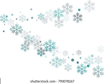 Snowflake macro vector illustration, snow flakes confetti chaotic scatter card in blue and white. Winter xmas snow background. Flakes confetti falling and flying winter vector background.