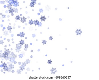 Snowflake macro vector illustration, water freezing parts, blue and white snow flakes confetti chaotic scatter. Winter xmas snow background. Snow flakes falling winter tale vector background. 