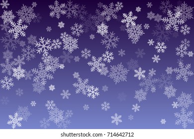 Snowflake macro vector illustration. Winter background. Snow flakes confetti chaotic scatter card border in blue and white.