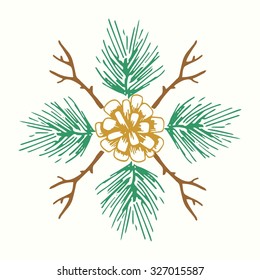 Snowflake made up of cones, spruce, stick. Vector illustration. Doodle.